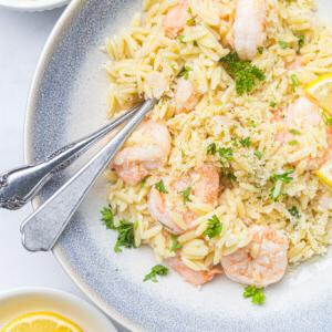 Λεμονάτες Γαρίδες και Κριθαράκι 11 Lemon Shrimp and Orzo with forks