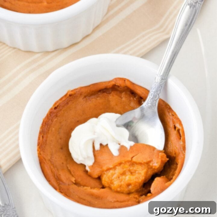 Close up of eggless pumpkin pie in ramekin with spoon