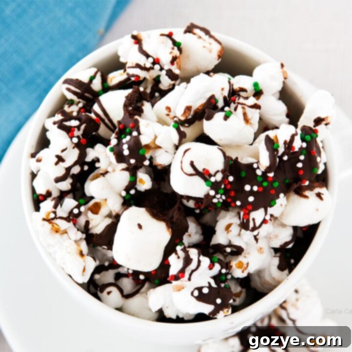 Sweet & Salty Popcorn Crunch 6 Chocolate drizzled popcorn in a white mug