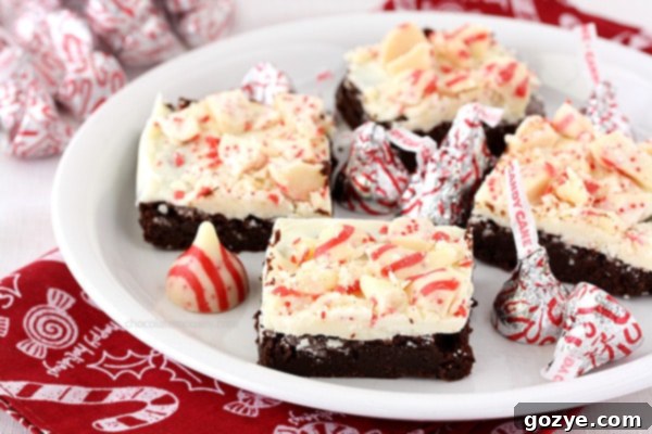 Close-up of Peppermint Bark Brownies with Candy Cane Kisses