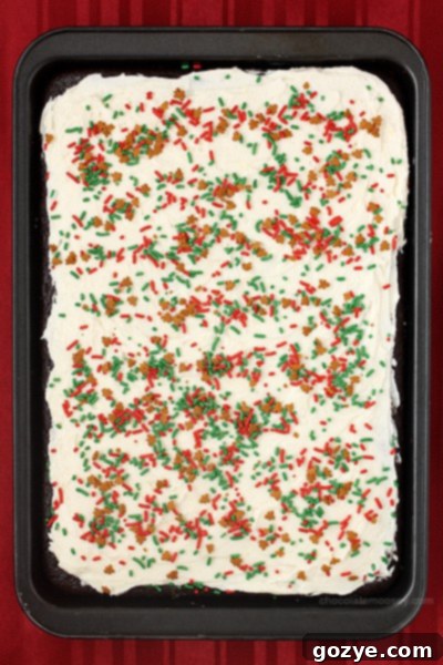 Close-up of Gingerbread Texas Sheet Cake with a slice ready to be served