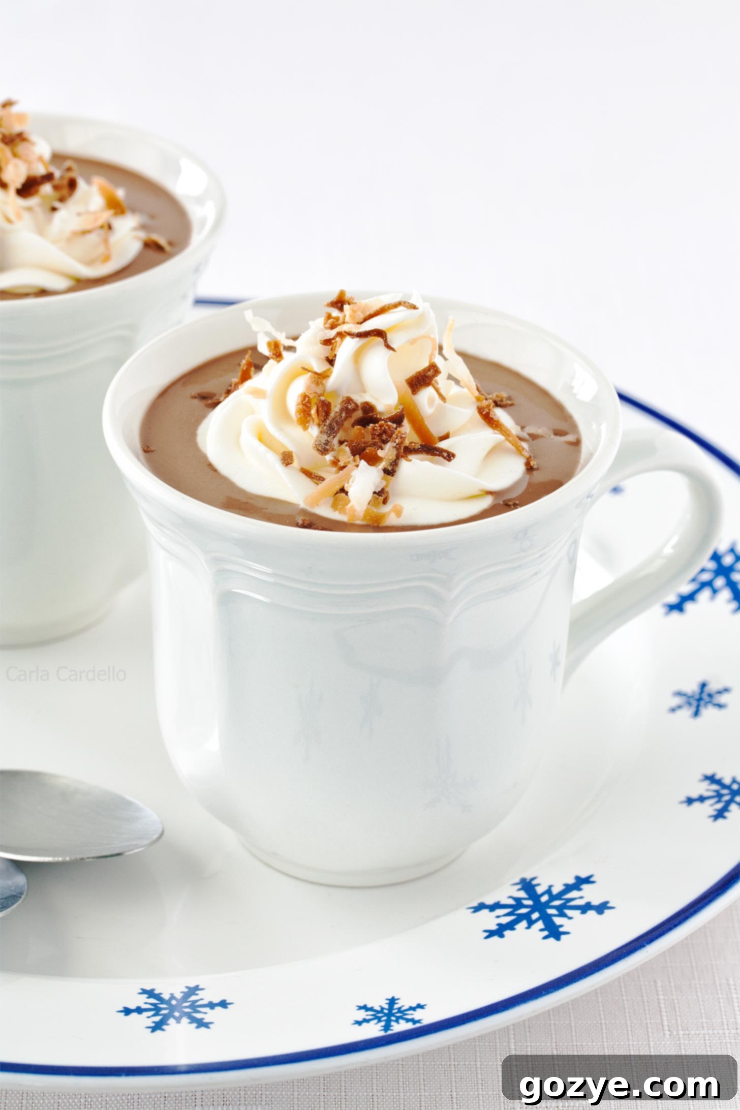 White mug with coconut milk hot chocolate, garnished with toasted coconut flakes, on a rustic wooden surface.