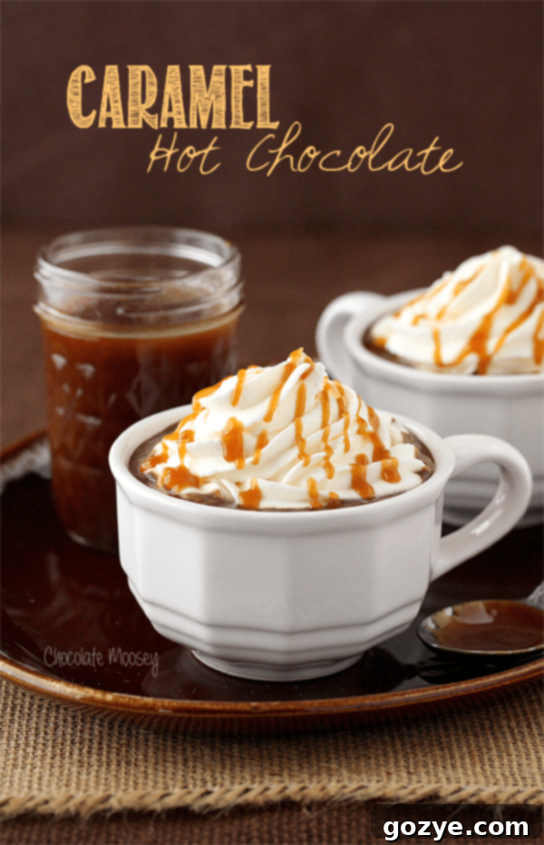 Caramel Hot Chocolate with whipped cream and caramel drizzle