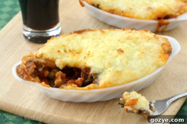 A close-up of the delicious and comforting shepherd's pie, showing the golden mashed potato topping and rich meat filling.