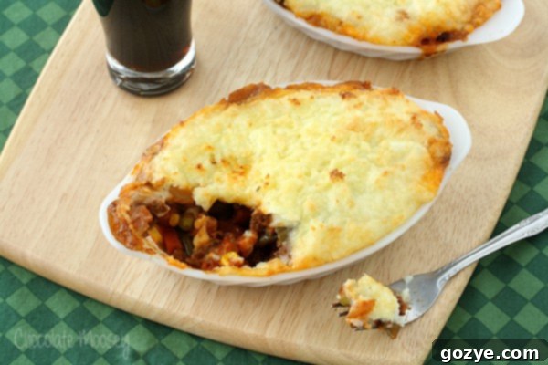 Shepherd's Pie with Guinness for Two 4 A large skillet of Guinness Shepherd's Pie For Two, hot and bubbly, ready to be served.