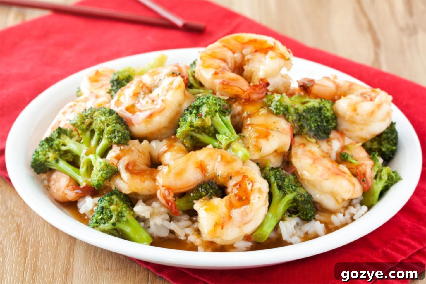 Shrimp with sweet chili sauce, broccoli, and rice