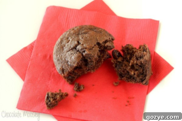 Close-up of a freshly baked Chocolate-Chocolate Chip Cherry Muffin, showing its moist crumb.