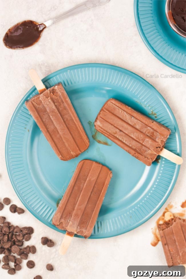 Decadent DIY Fudge Pops 3 3 fudgesicles on a teal plate
