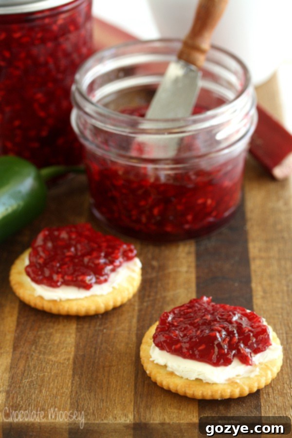 Raspberry Jalapeno Jam on crackers