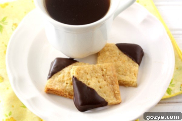 Close-up of Chocolate-Dipped Orange Shortbread Cookies ready to be served with tea