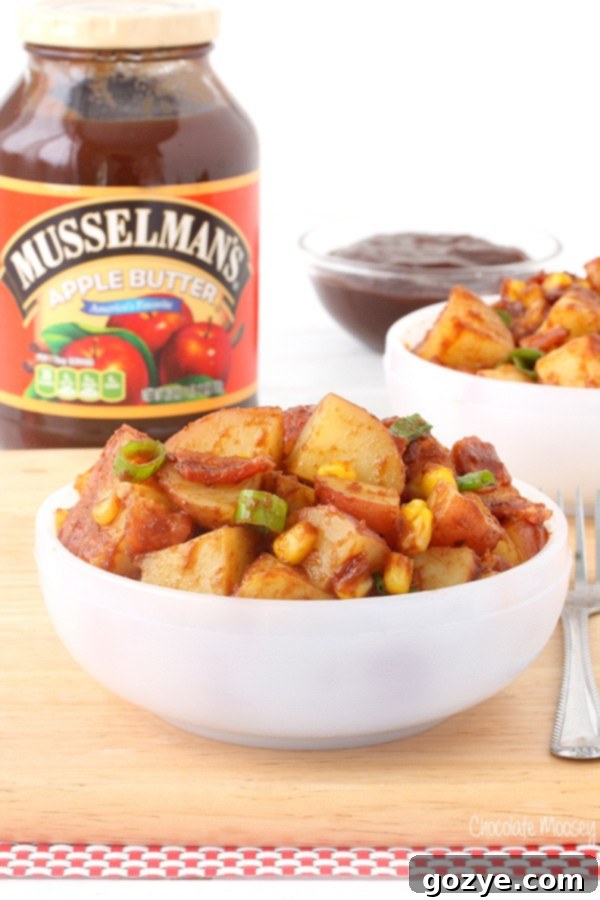 Apple Butter BBQ Potato Salad with bacon, corn, and scallion #AppleButterSpin