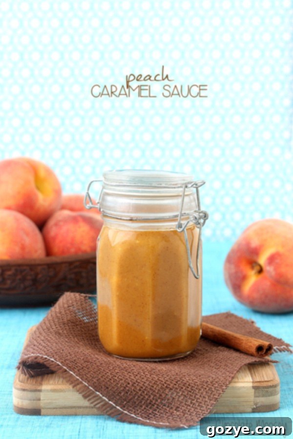 Peach Caramel Sauce drizzled on a spoon
