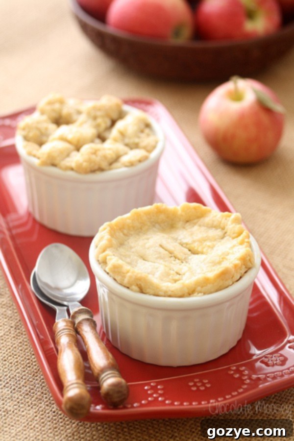 Two mini apple pies in ramekins on a red plate, garnished with cinnamon stick