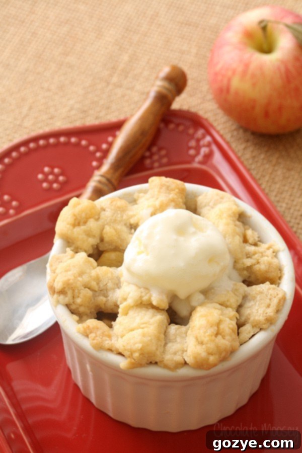 Individual apple pie with a scoop of ice cream on top, ready to eat