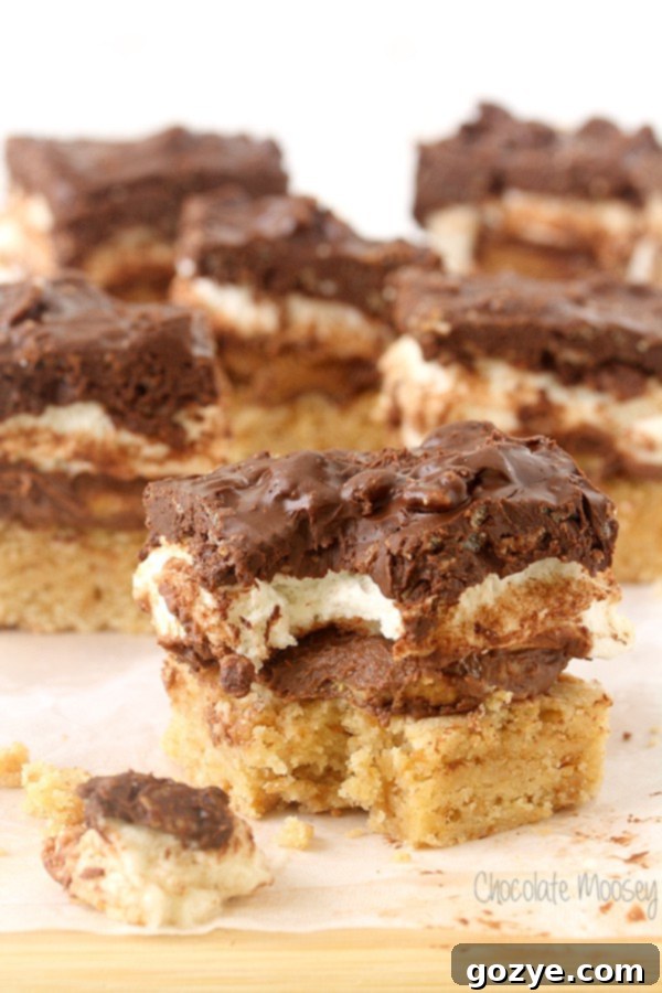 S'mores Peanut Butter Cup Crunch Bars - a close-up showing the distinct layers of graham cracker, marshmallow, and chocolate peanut butter crunch