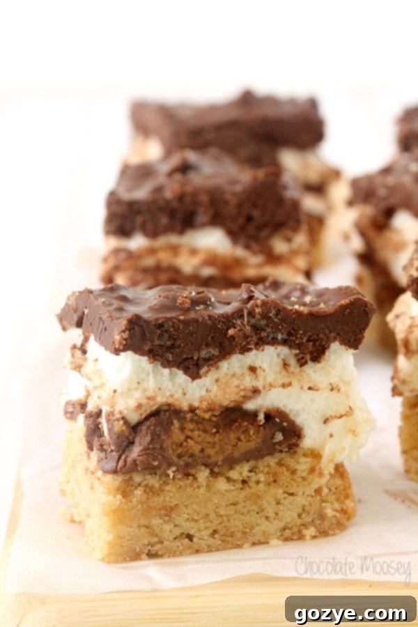 S'mores Peanut Butter Cup Crunch Bars - a stacked view of the layers, emphasizing the thick marshmallow and crunchy topping