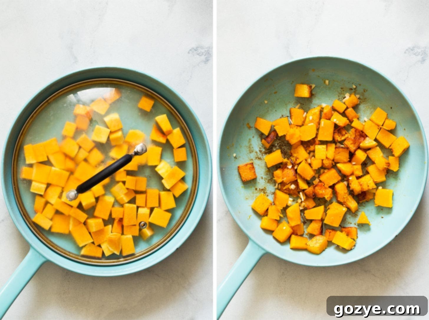 Cooking cubed butternut squash in a skillet with a lid on