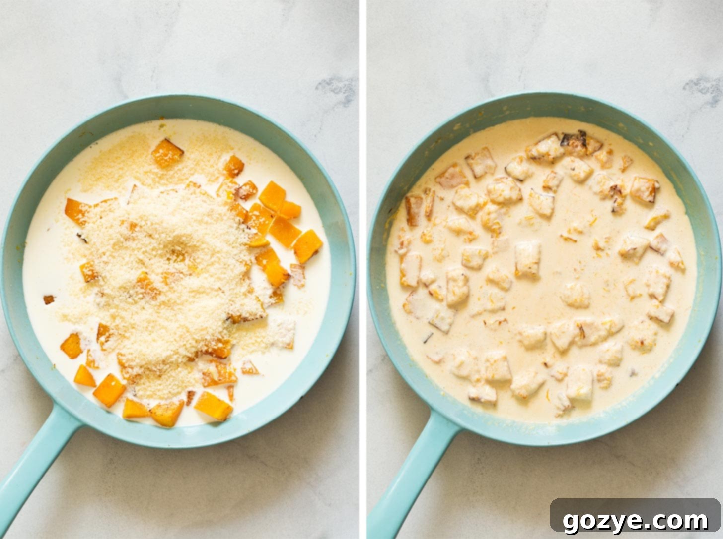 Adding Parmesan cheese and heavy cream to butternut squash in a skillet