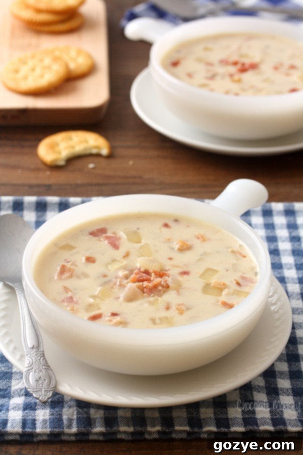 Creamy onion soup in white bowl with handle