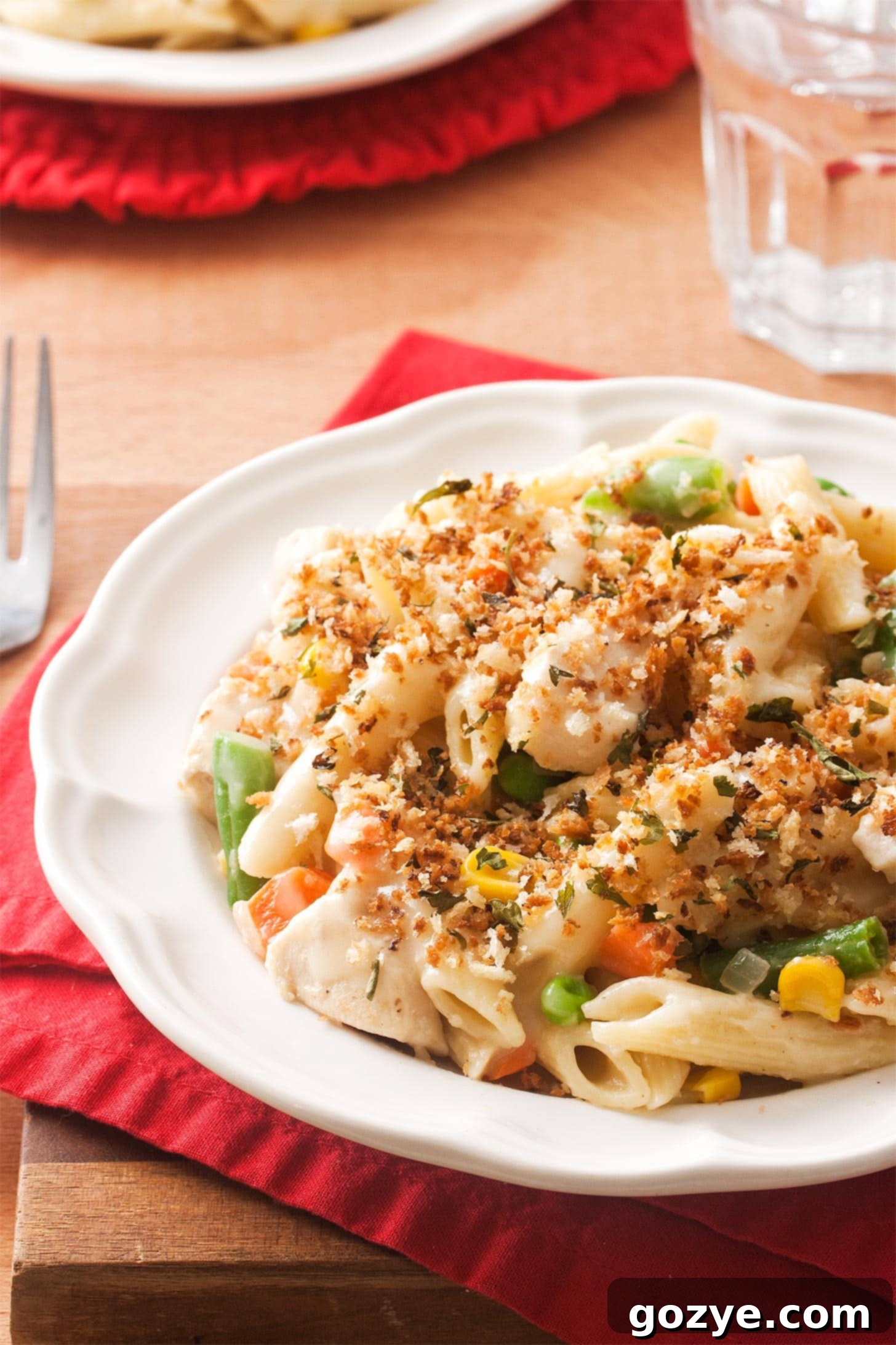 Close up of chicken pot pie pasta on a white plate, showing creamy sauce and vegetables