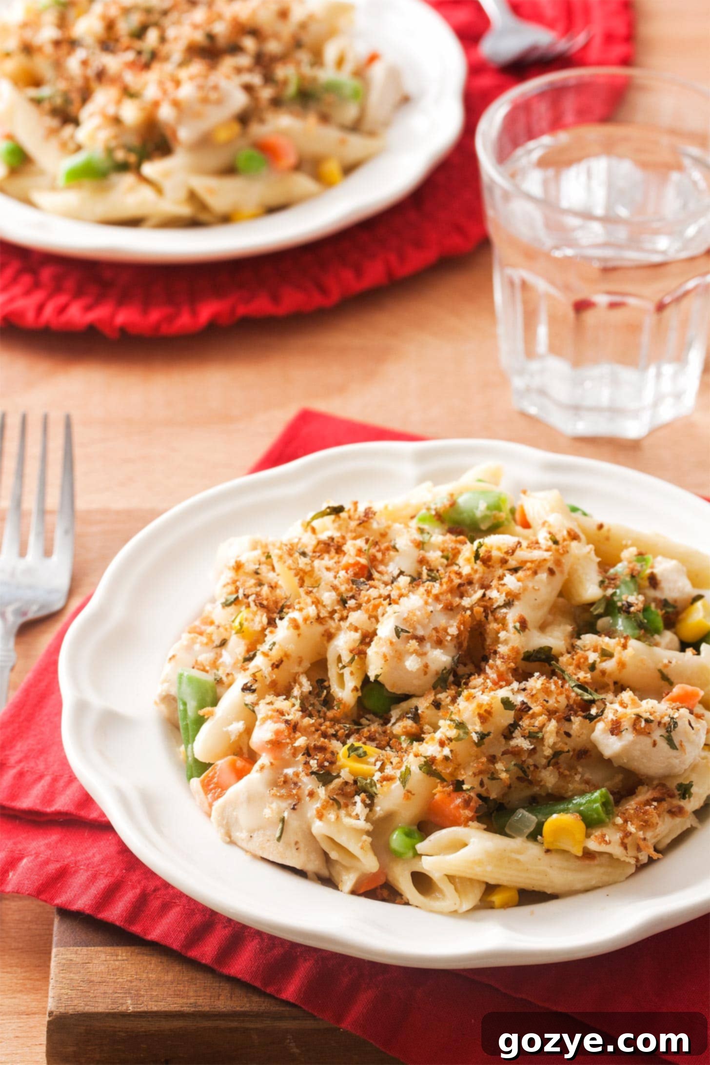 Chicken pot pie pasta on a white plate, ready to be eaten