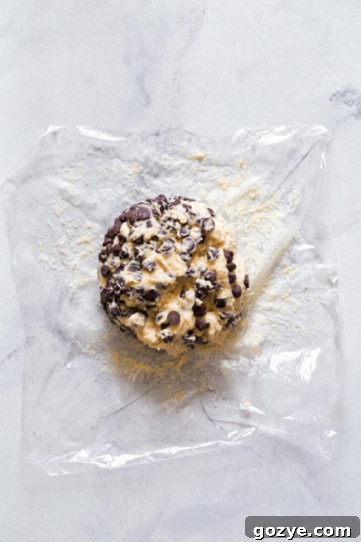Rolling chocolate chip cheese ball mixture into a firm ball shape