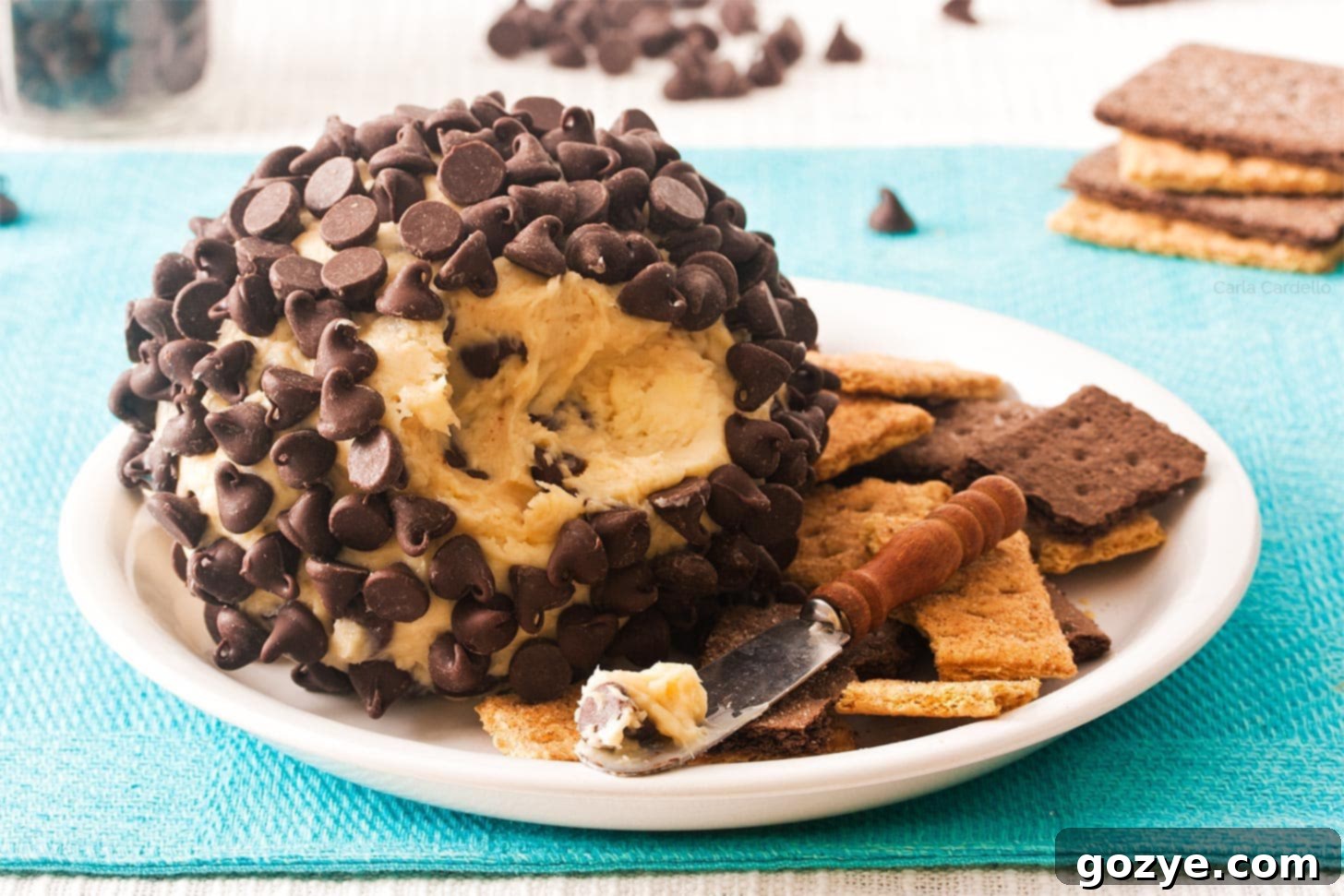 Sweet cheese ball on a plate with graham crackers and cookies for dipping