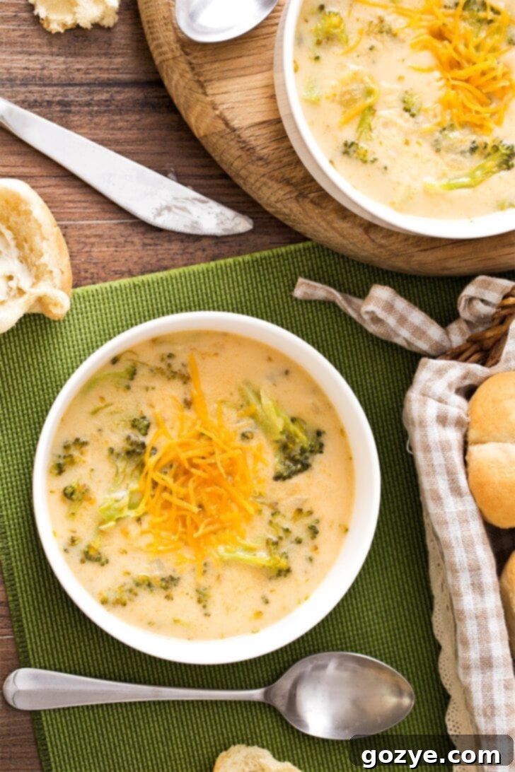 Broccoli Cheese Soup in a white bowl