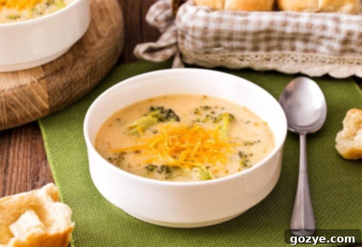 Broccoli Cheddar Soup for two in a white bowl