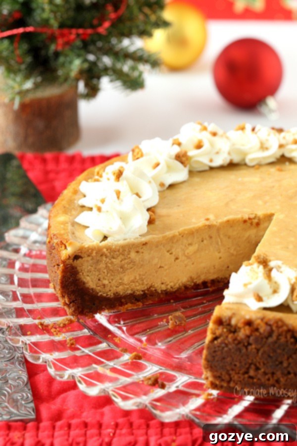 Festive Gingerbread Cheesecake 6 Gingerbread cheesecake on glass plate with slice missing