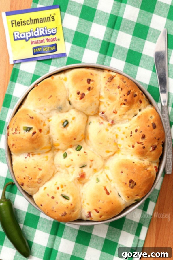Close-up of fluffy homemade Jalapeño Popper Stuffed Dinner Rolls with rapid rise yeast