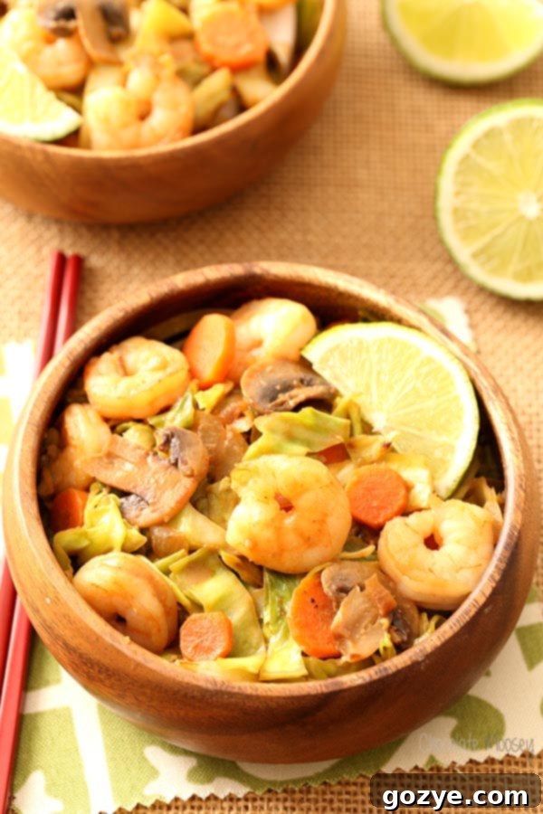 Plated Thai Sweet Chili Shrimp with Cabbage "Noodles" for a healthy meal