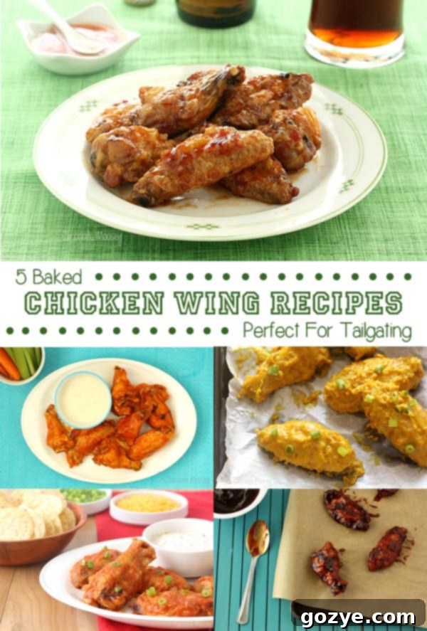 Collection of 5 different crispy baked chicken wing recipes for tailgating parties and game day celebrations