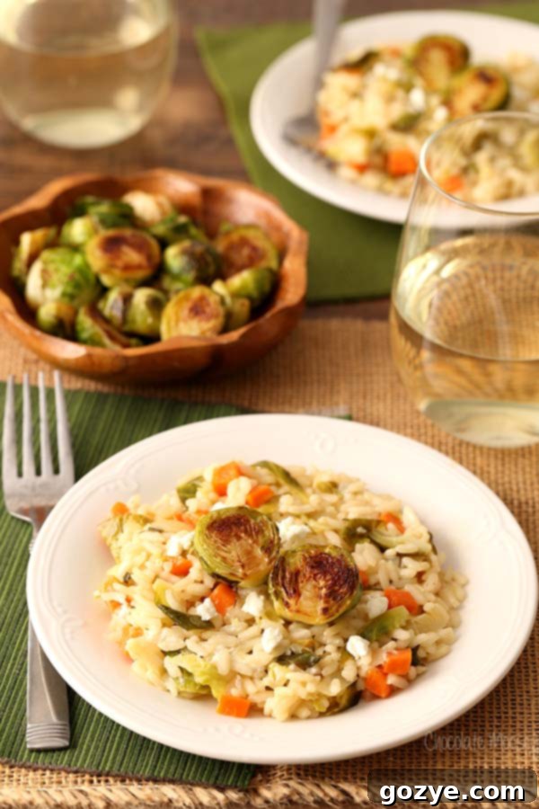 Hearty vegetarian Brussels Sprouts and Goat Cheese Risotto recipe perfect for dinner