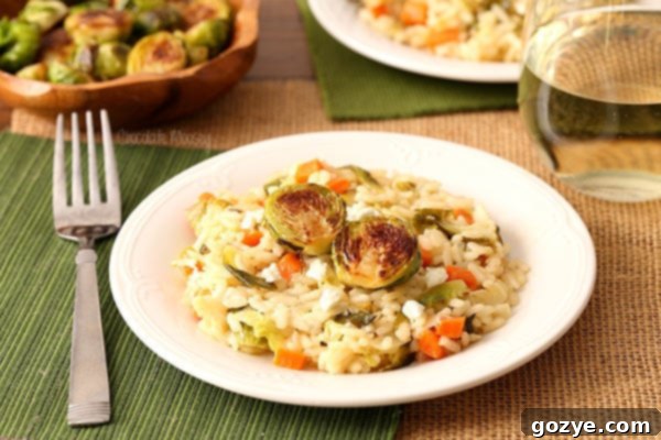 Close-up of creamy Brussels Sprouts and Goat Cheese Risotto in a bowl
