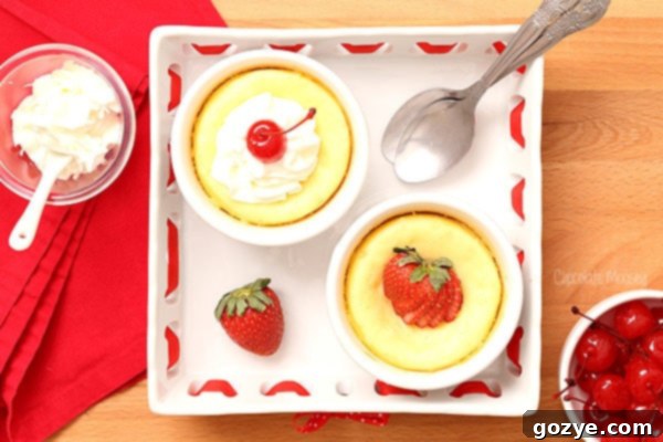 Mini Cheesecake For Two can be customized with different toppings, featuring a close-up of a cheesecake with fresh berries and a hint of sauce