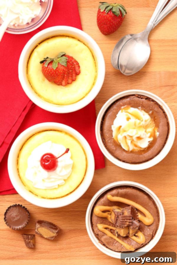 Mini Cheesecake For Two - make it plain or make it chocolate with customizable toppings, showing two ramekins, one with a plain cheesecake and berries, the other with a chocolate cheesecake and caramel
