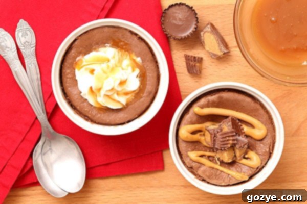Mini Chocolate Cheesecake For Two with caramel and peanut butter cup, showcasing a rich chocolate cheesecake topped elegantly
