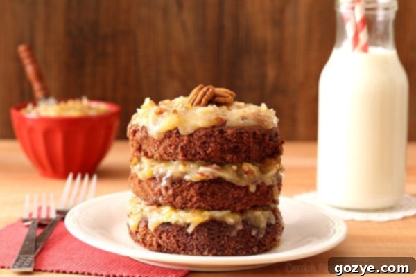 Close-up of Mini German Chocolate Cake frosting with coconut and pecans