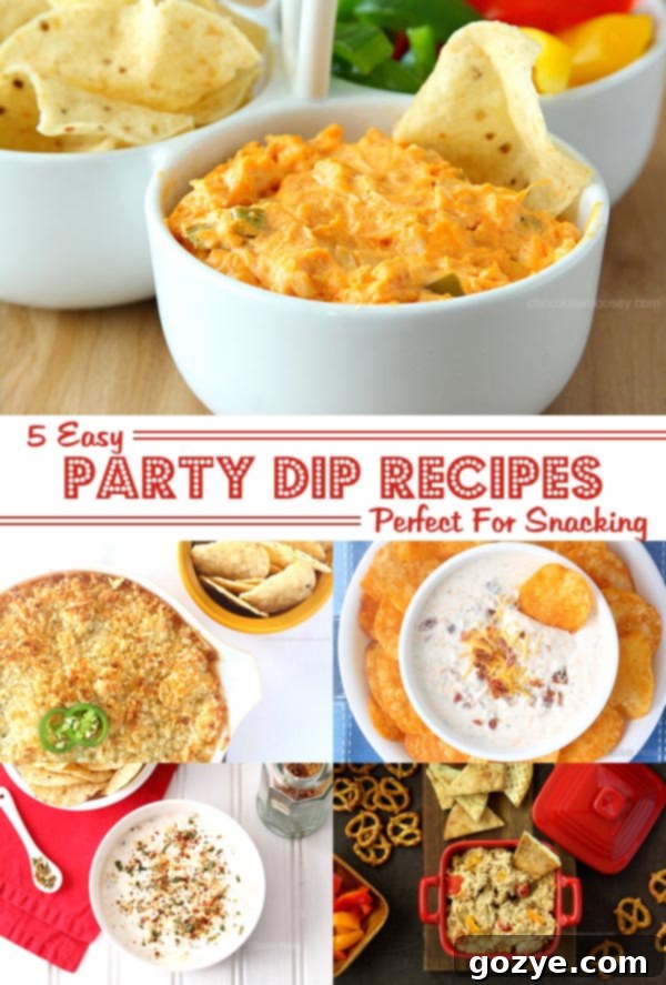 5 Crowd-Pleasing Party Dips 2 A vibrant selection of 5 easy party dip recipes, perfect for game day, tailgating, and festive occasions, served with a variety of dippers.