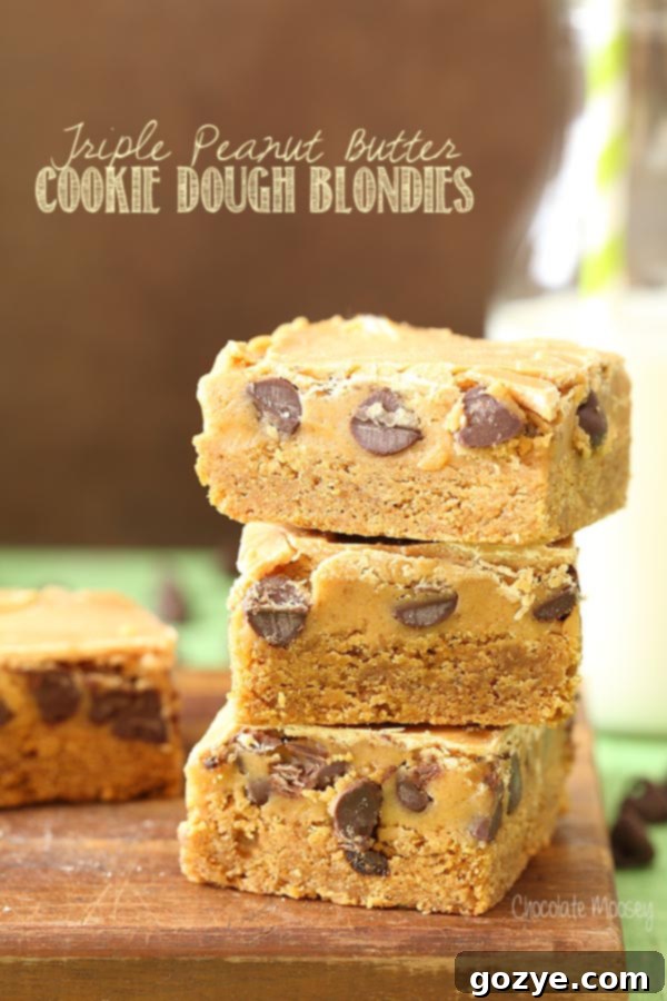 Decadent Triple Peanut Butter Cookie Dough Blondies Stack