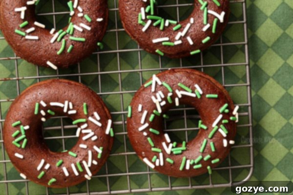 Side view of a glazed Chocolate Stout Baked Doughnut