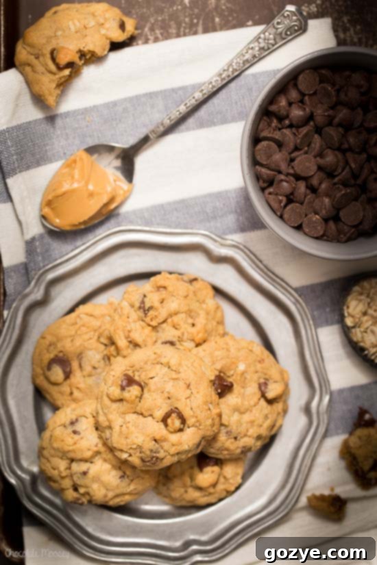 Peanut Butter Oatmeal Chocolate Chip Cookies that are soft and a little nutty