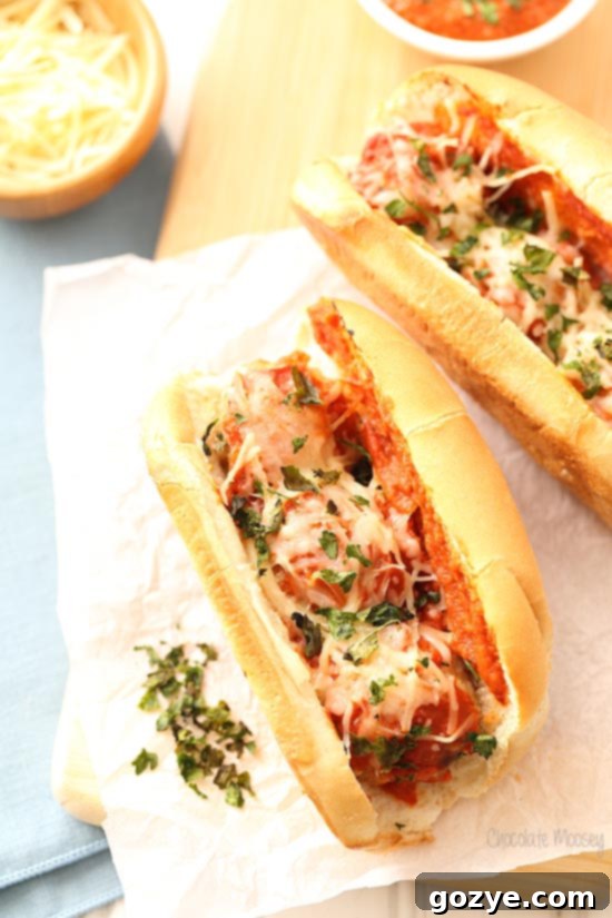 Chicken Parmesan Meatball Subs with a quick homemade tomato sauce