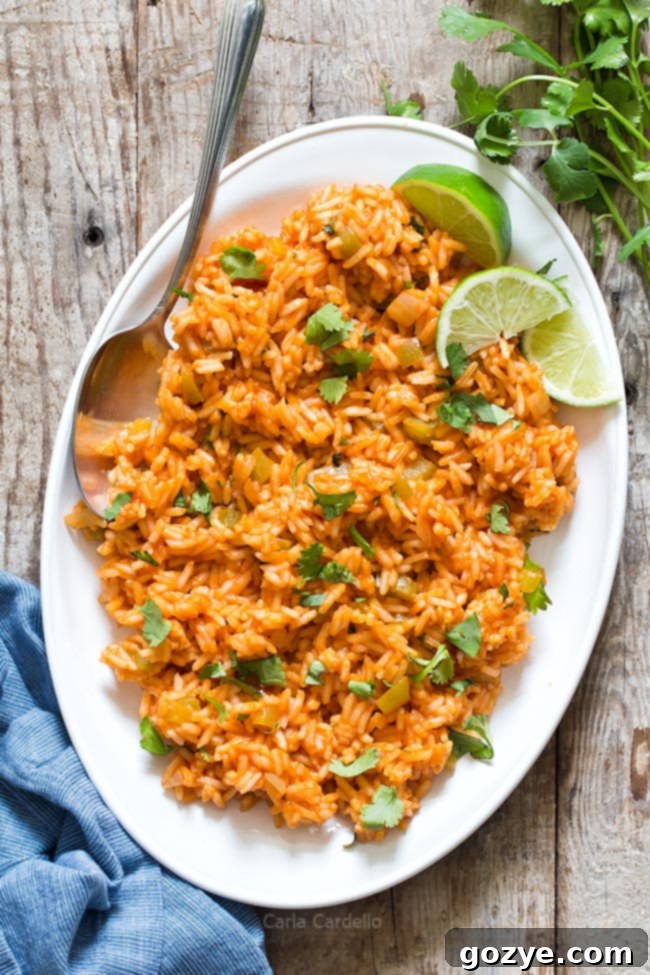 White Platter with Homemade Spanish Rice, garnished with cilantro and served with a spoon.