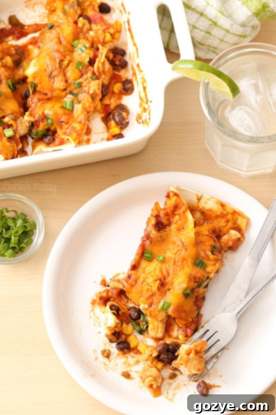 Salsa Chicken Enchiladas stuffed with black beans and corn
