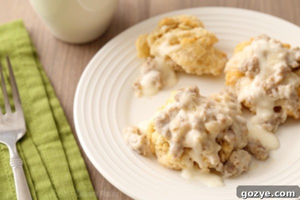 Biscuits and Gravy on white plate