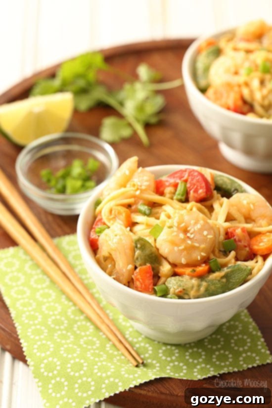 Pinterest Pin for Sesame Shrimp Peanut Noodles