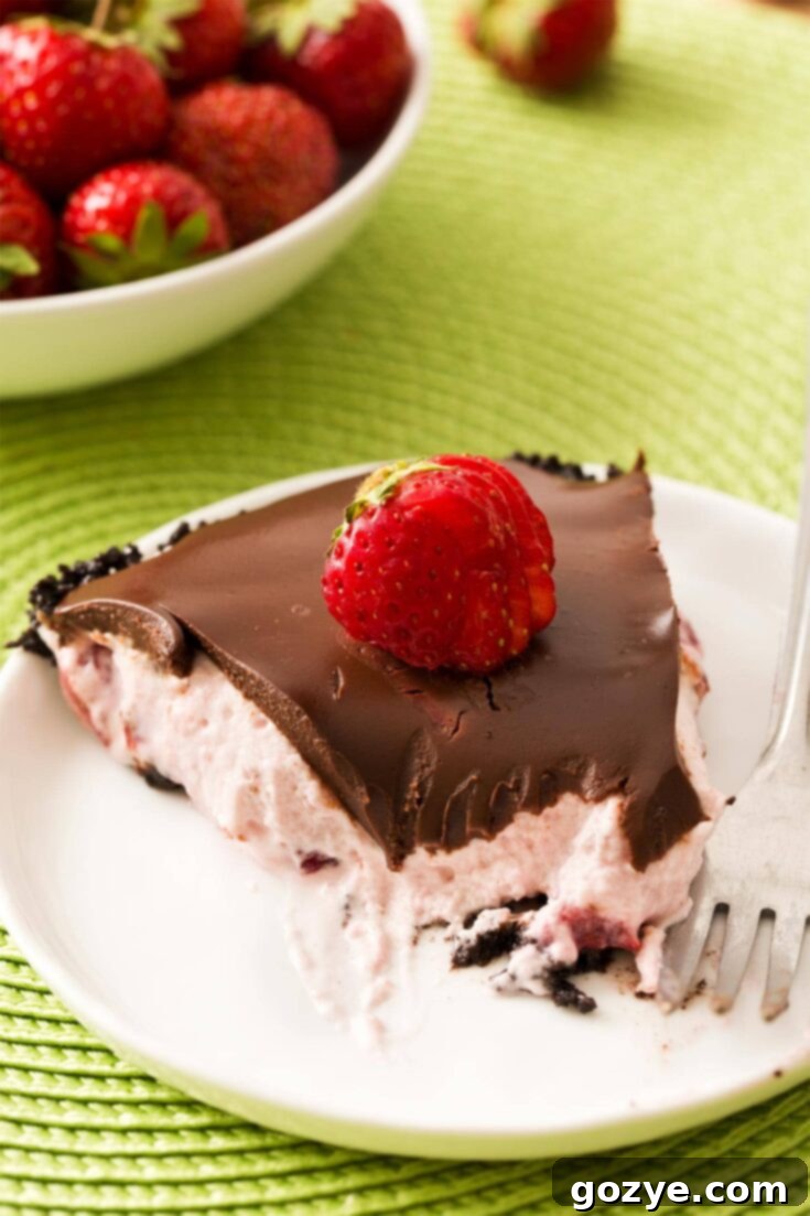 Strawberry Cream Pie with chocolate ganache recipe card pin image
