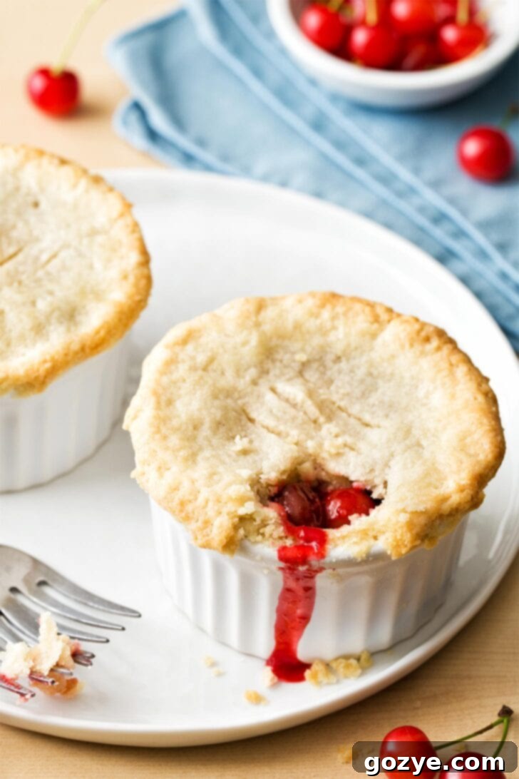 Close up of mini cherry pie on white plate